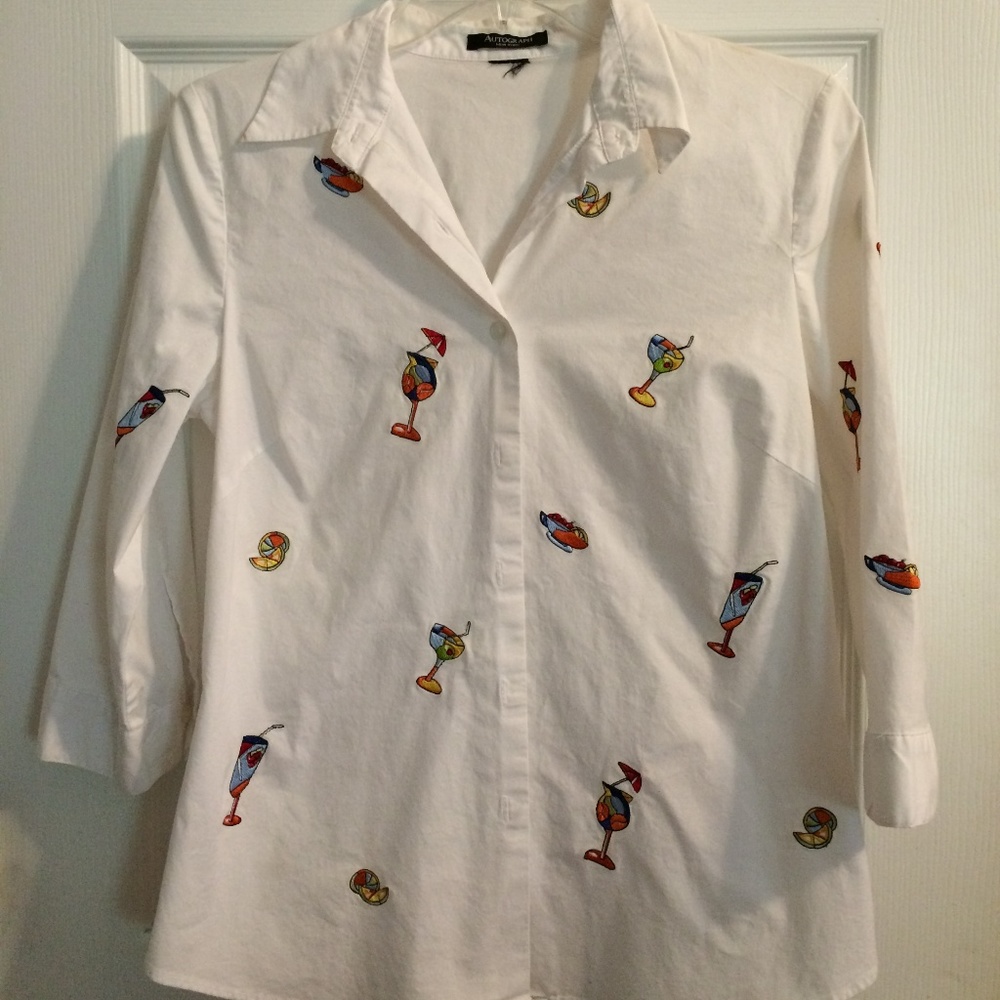 White Blouse 3/4 Sleeve Cocktail Embroidery